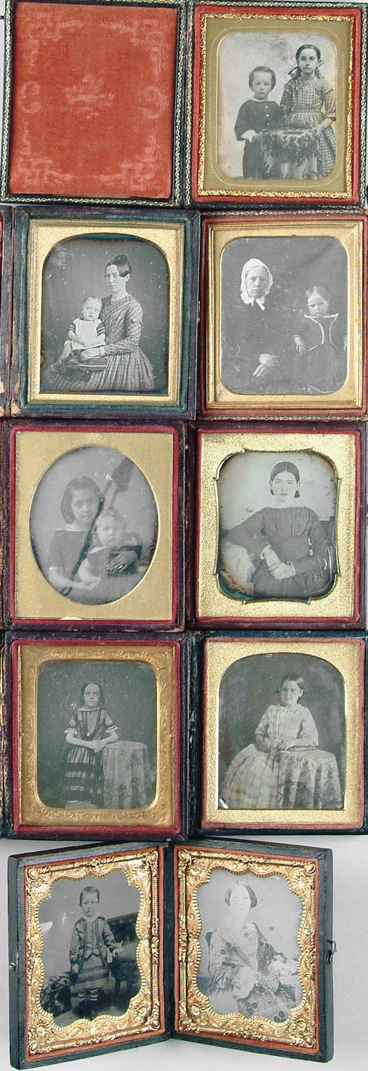 Appraisal: EIGHT PLATE DAGUERREOTYPES All of children in leather and wood