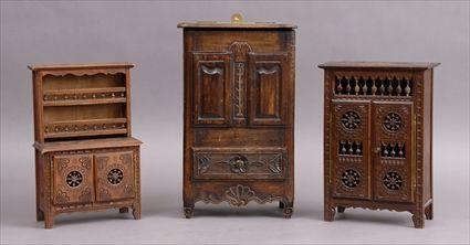 Appraisal: THREE FRENCH PROVINCIAL STAINED WOOD MINIATURE CASE PIECES Comprising a