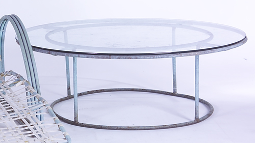 Appraisal: WALTER LAMB Patio table with plate glass top on tubular