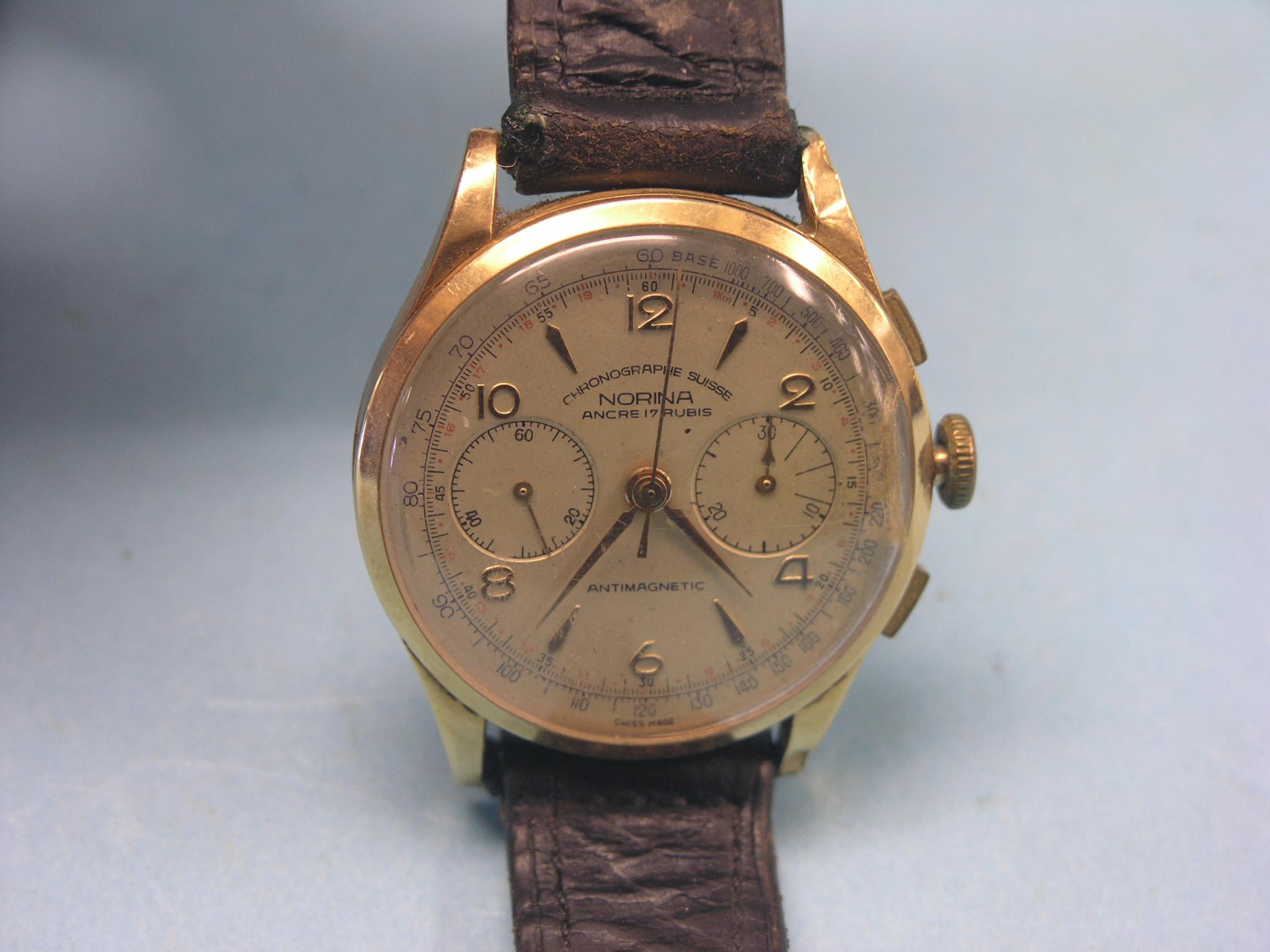 Appraisal: A gentleman's Norina ct gold chronograph wristwatch with subsidiary seconds