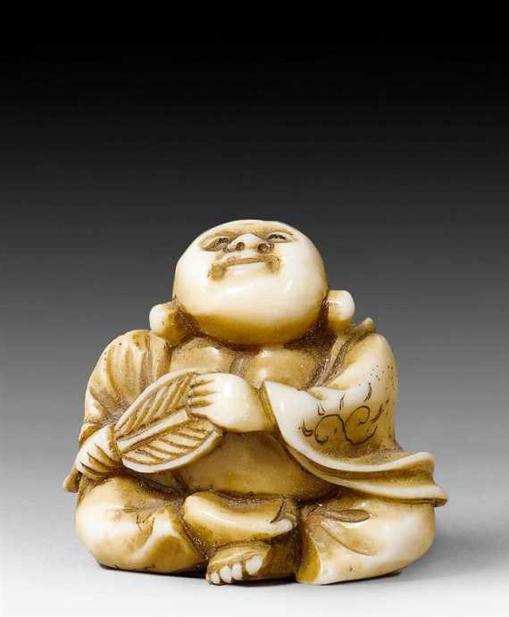 Appraisal: AN SMALL IVORY NETSUKE OF HOTEI Japan Meiji period height