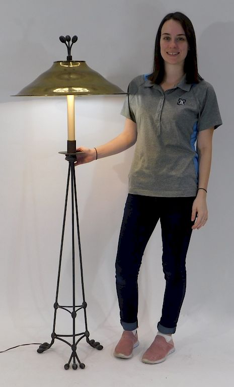 Appraisal: Modernist Brass and Iron Tripod Floor Lamp Modernist Brass and