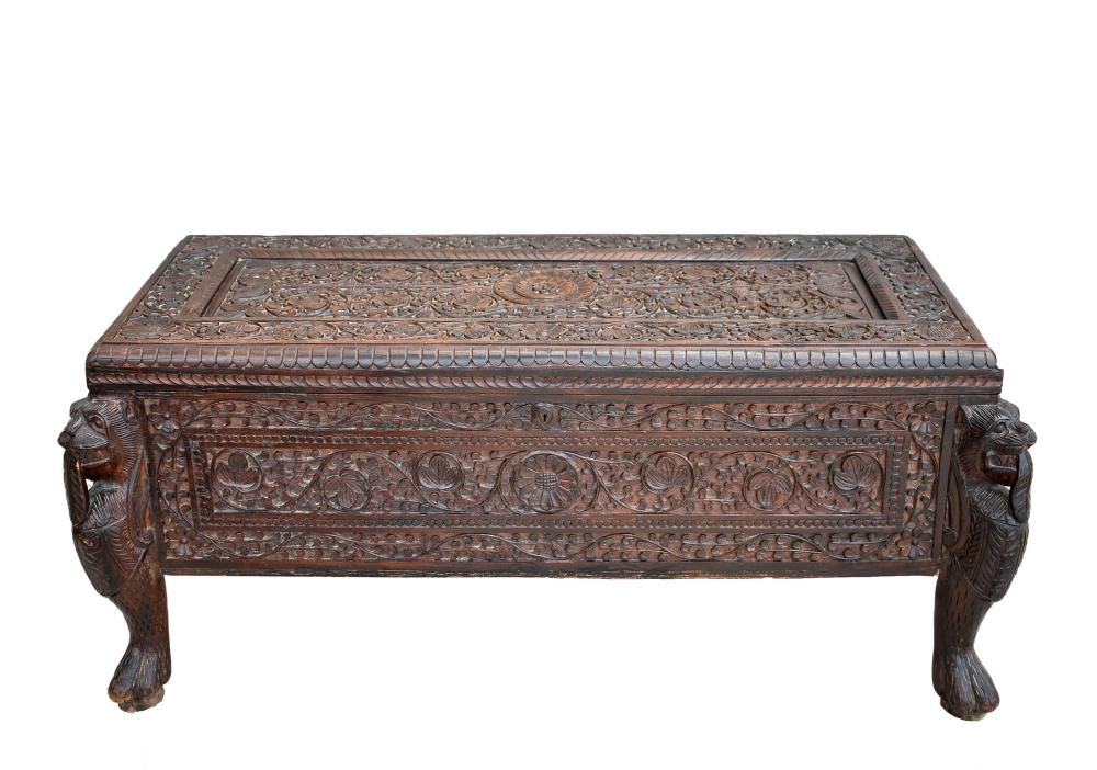 Appraisal: INDIAN CARVED HARDWOOD COFFERCarved allover with foliage on lion monopodia