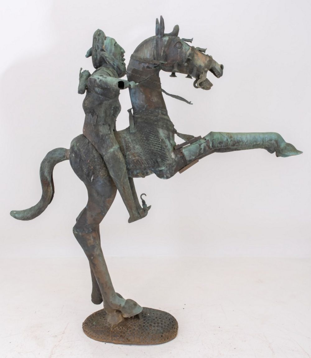 Appraisal: CHINESE MONUMENTAL BRONZE EQUESTRIAN SCULPTURE Monumental Chinese Shang Dynasty inspired