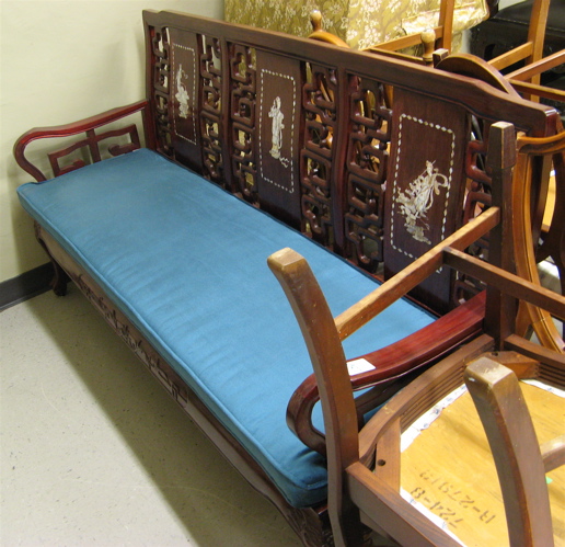 Appraisal: CHINESE INLAID ROSEWOOD SOFA the back having three vertical splats