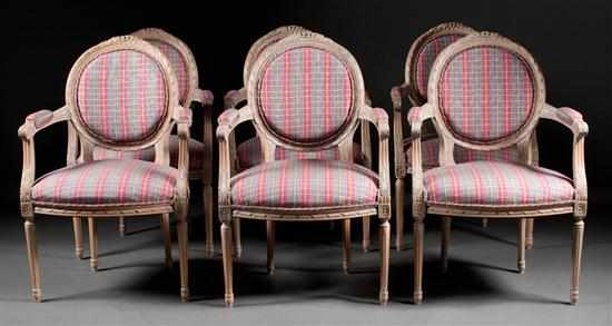 Appraisal: Set of six Louis XVI style carved pickled wood upholstered