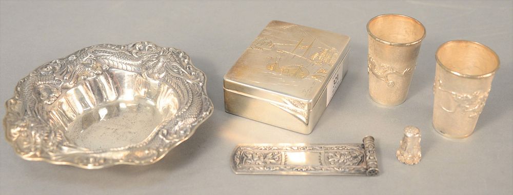 Appraisal: Six-piece Chinese silver lot to include box with sailboat saucer