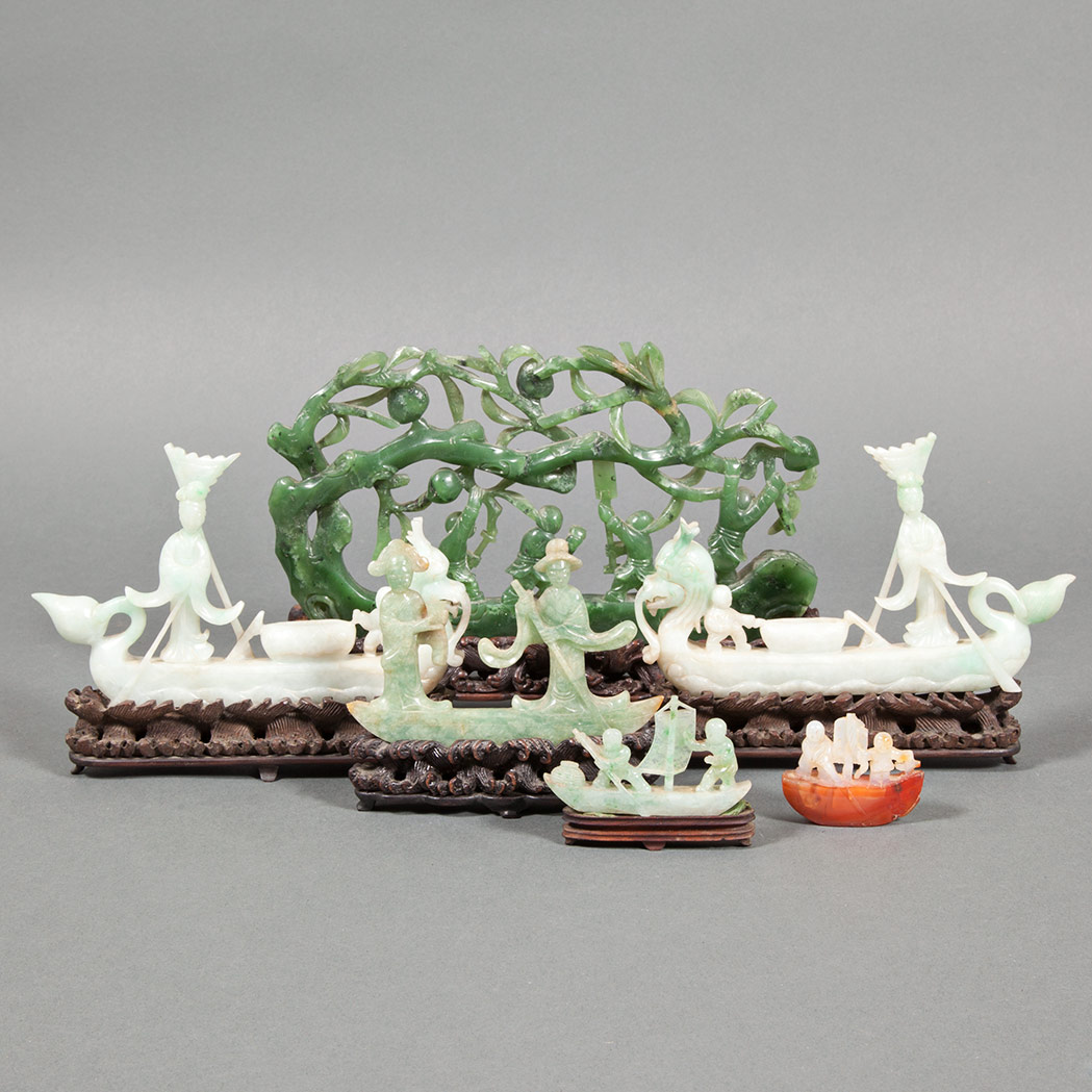 Appraisal: Group of Six Chinese Jade and Hardstone Figural Boat Groups