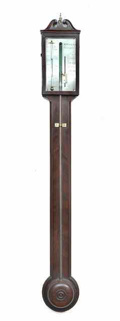 Appraisal: A MAHOGANY STICK BAROMETER the rectangular silvered scale signed M