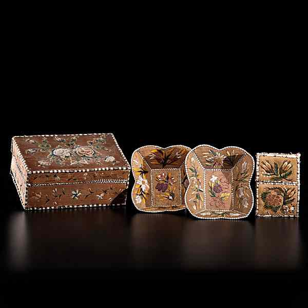 Appraisal: Huron Moosehair Embroidered Birchbark Boxes lot of including a florally