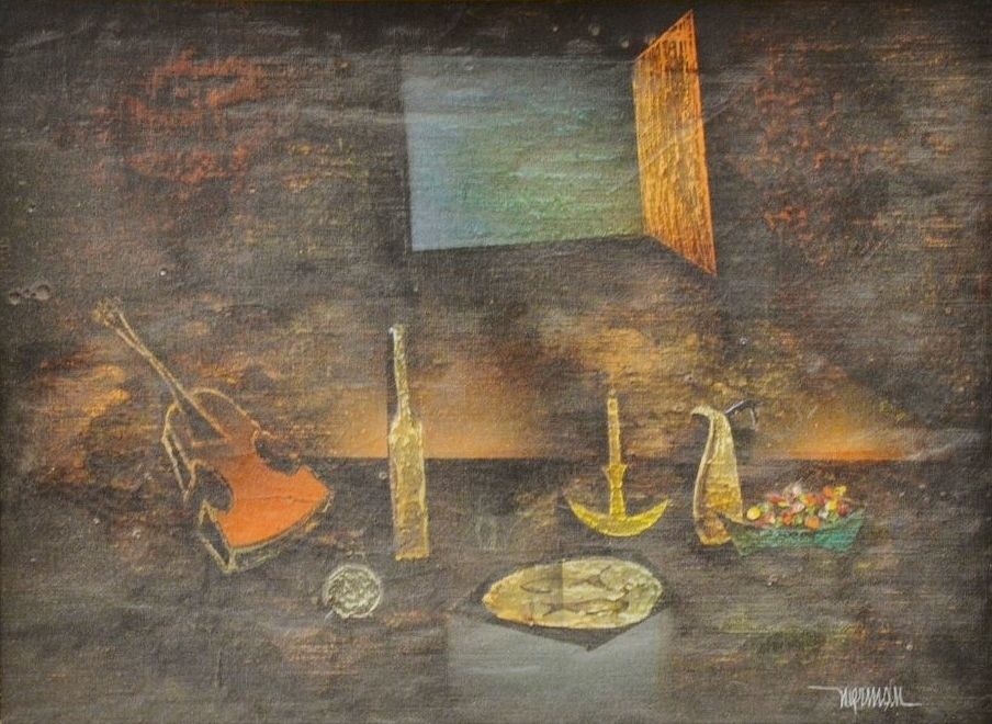 Appraisal: Leonardo Nierman Mexican b Untitled still life with instrument bottle