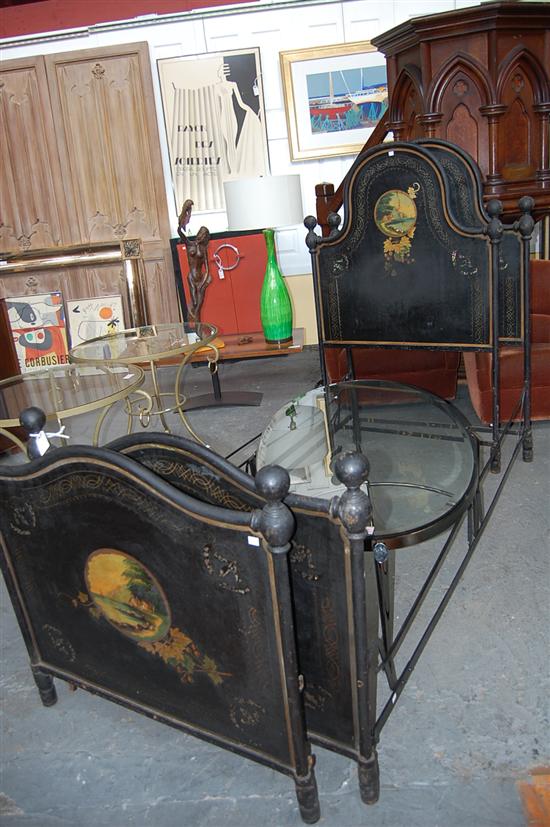 Appraisal: PAIR ANTIQUE SINGLE BEDS Hand painted iron with mother of