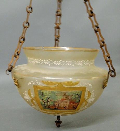 Appraisal: English frosted glass center hall hanging lamp with paint decorated