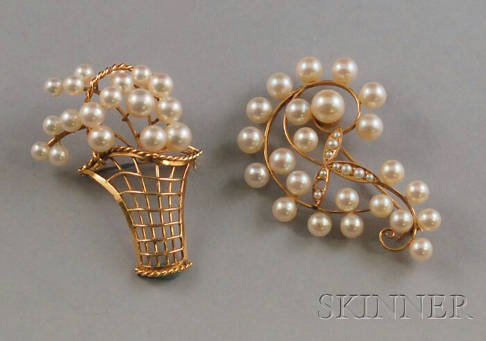 Appraisal: Two kt Gold and Pearl Brooches a basket of pearls