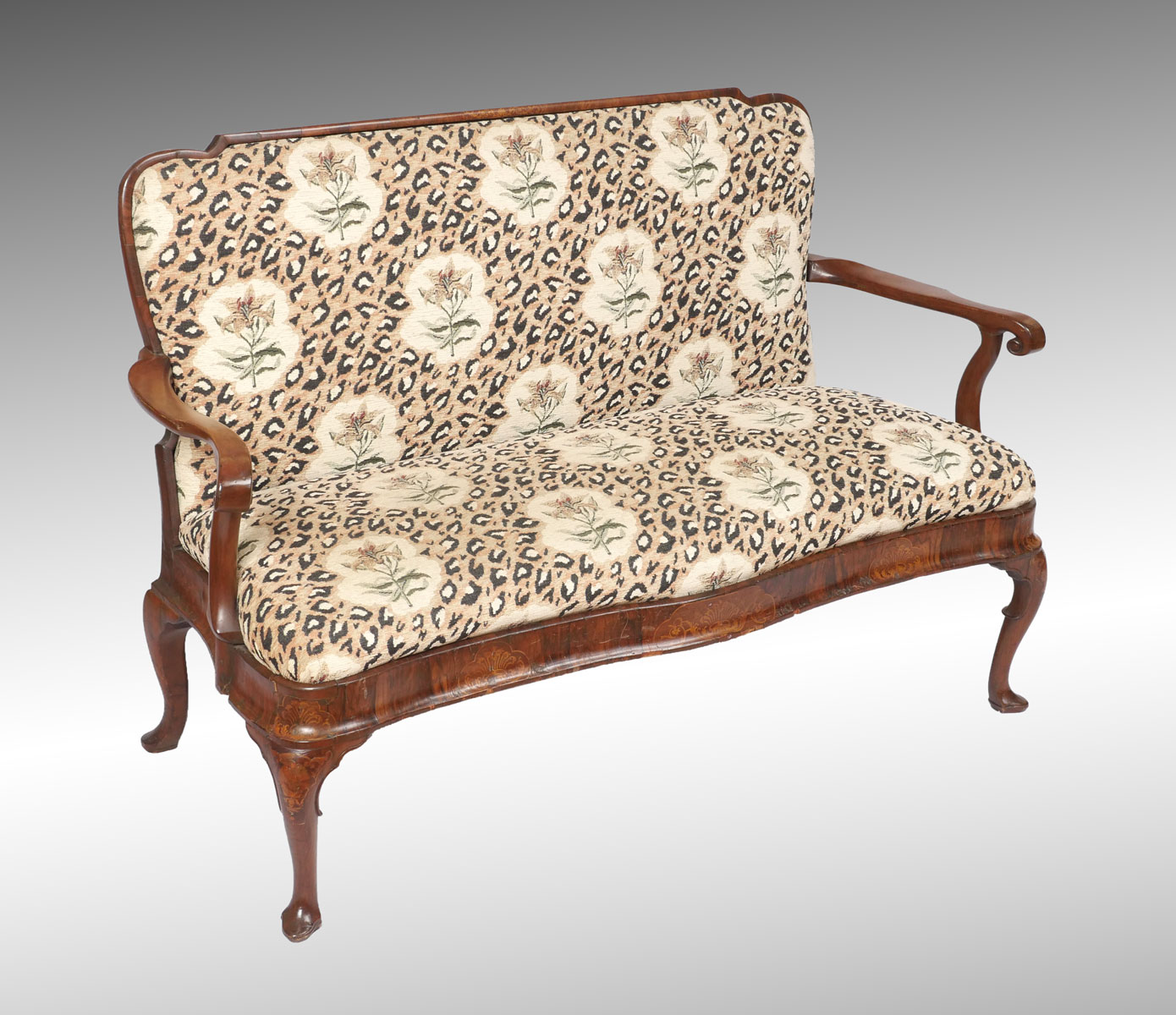 Appraisal: INLAID SHOE FOOT SOFA Approx Serpentine walnut frame cushion upholstered