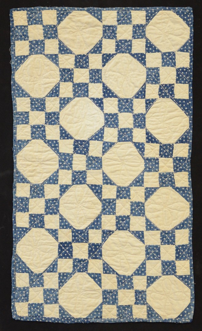 Appraisal: Framed doll quilt blue white c x sight - x