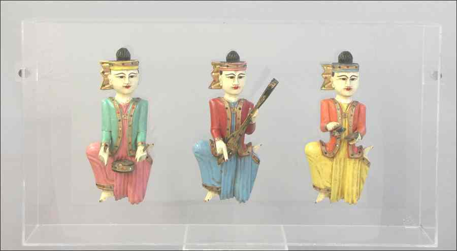 Appraisal: GROUP OF THREE THAI PAINTED AND CARVED WOOD MUSCIANS Mounted