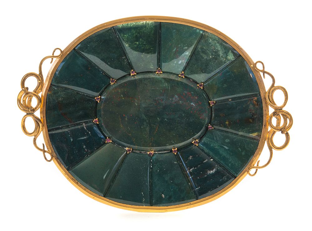 Appraisal: Bronze mounted Bloodstone Dish with Ruby jewels Bronze mounted Bloodstone