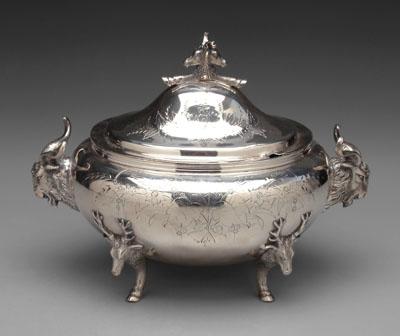 Appraisal: Silver-plated covered soup tureen oval body with floral decoration deer