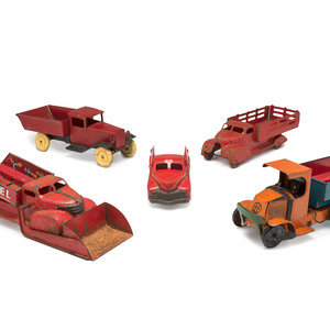 Appraisal: Five Tin and Pressed Steel Toy Trucks th Century comprising