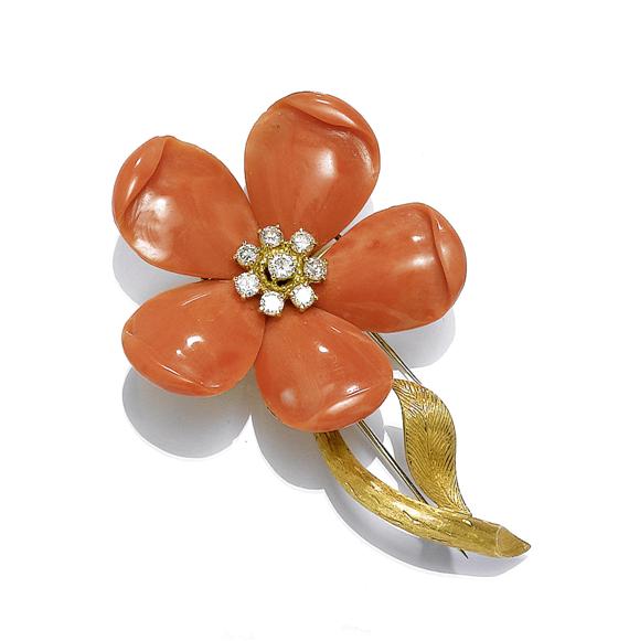 Appraisal: A CORAL AND DIAMOND BROOCH circa Yellow gold Decorative brooch