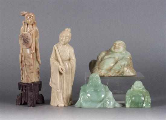 Appraisal: Two Chinese carved hardstone deity figures and three Buddha figures