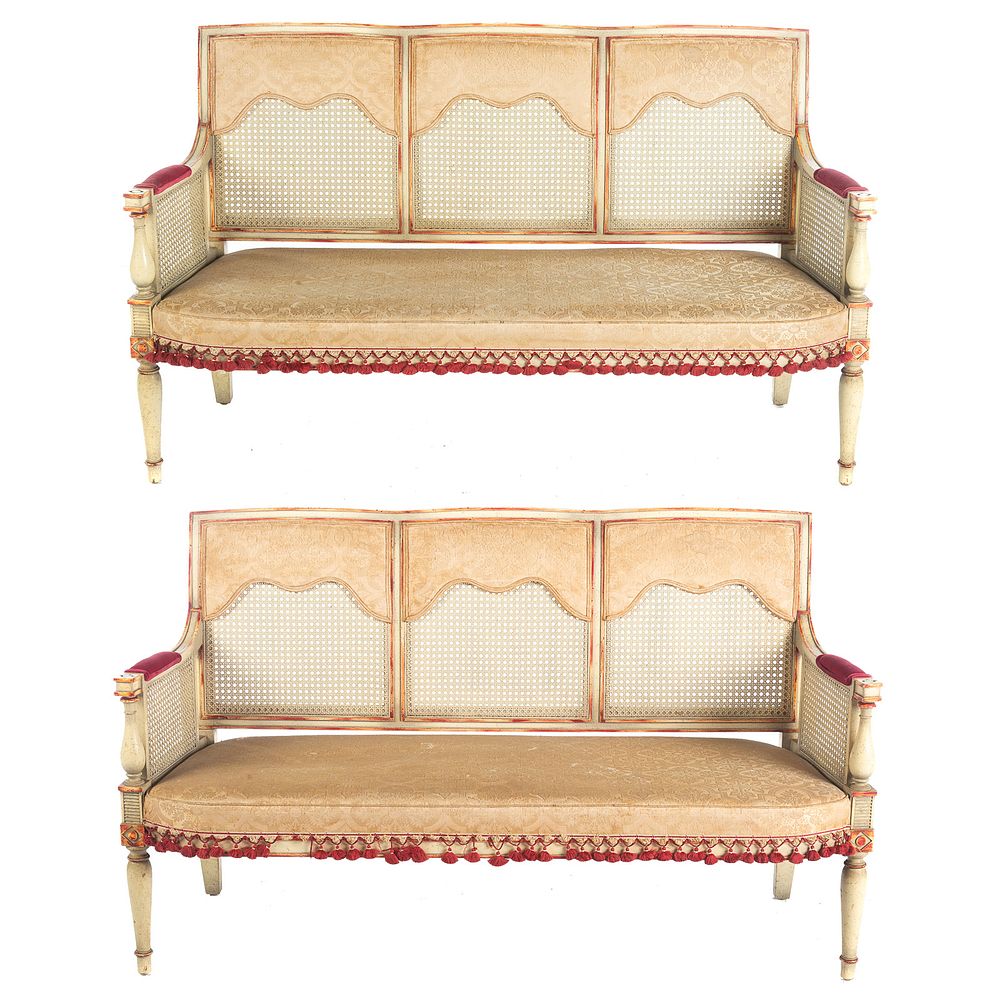 Appraisal: Pair Regency Style Painted Caned Seat Settee's Upholstered seats with