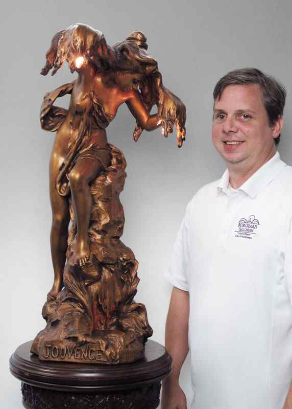 Appraisal: PAINTED SPELTER SCULPTURE TITLED ''JOUVENCE'' AFTER FORTAY Depicts a scantily