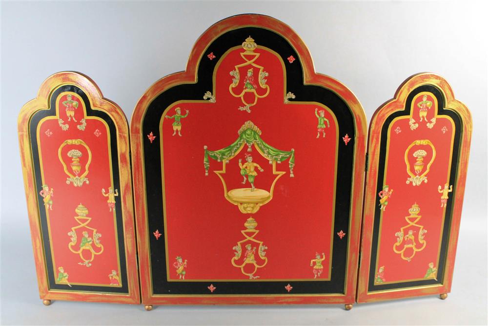 Appraisal: RED PAINTED FIRE SCREEN WITH MONKEY MOTIFS h w in