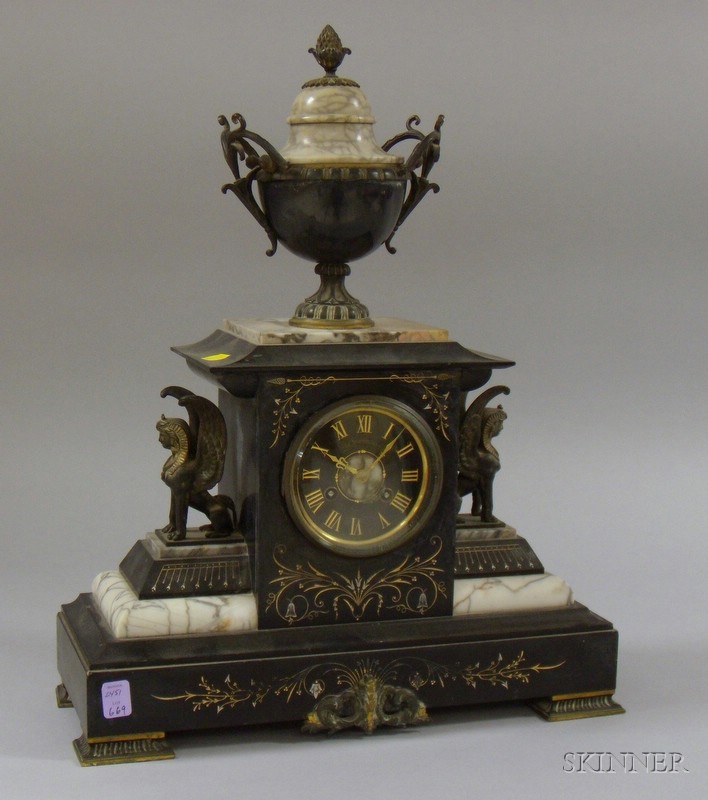 Appraisal: French Black Marble Mantel Clock with multicolored case classical urn