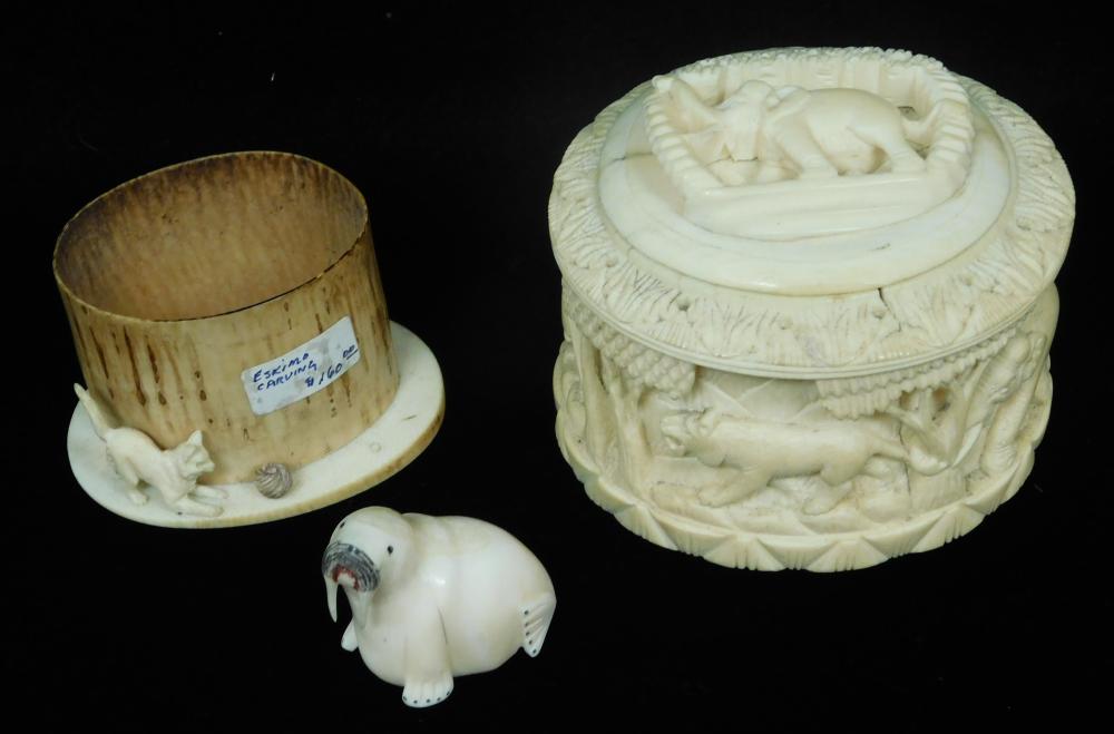 Appraisal: Three antique ivory carvings including covered box carved with elephants