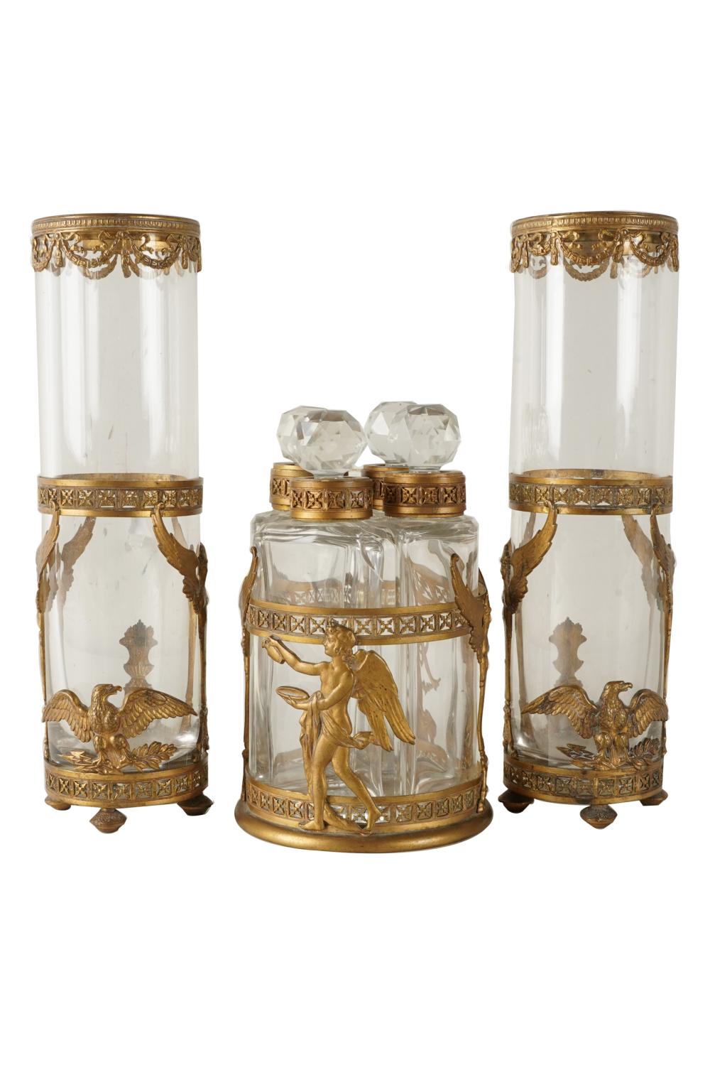 Appraisal: ANTIQUE FRENCH EMPIRE-STYLE GILT METAL GLASS VANITY SETunmarked comprising a