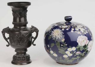 Appraisal: Cloisonne Jar and Japanese Bronze Vase one blue ground cloisonne