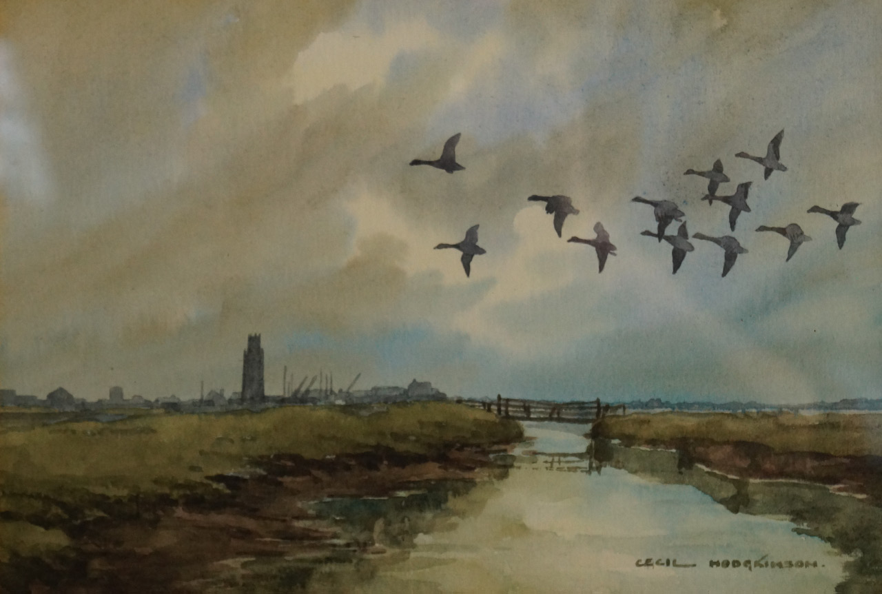 Appraisal: Cecil Hodginson - Wild Geese over Lincolnshire Marshes watercolour signed