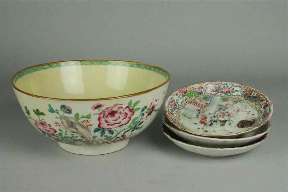 Appraisal: CHINESE FAMILLE ROSE PUNCH BOWL AND THREE SMALL DISHES TH