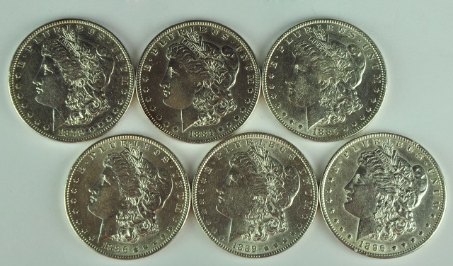 Appraisal: Six Morgan DollarsDates are -O and Most grade AU-AU