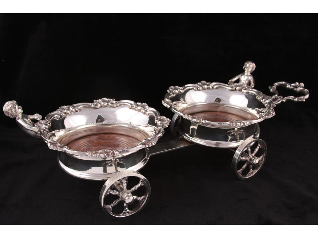 Appraisal: Victorian Silver Plate Wine Trolley Coaster double trolley form with