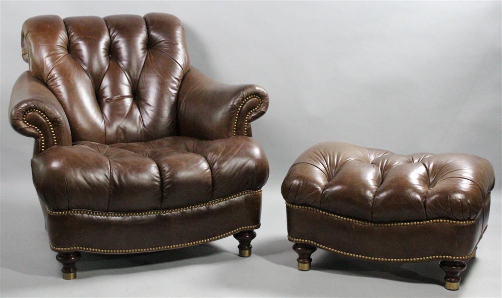 Appraisal: HANCOCK MOORE CHOCOLATE BROWN LEATHER CLUB CHAIR WITH MATCHING OTTOMAN