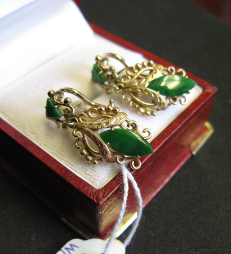 Appraisal: PAIR OF JADE AND FOURTEEN KARAT GOLD DANGLE EARRINGS WITH