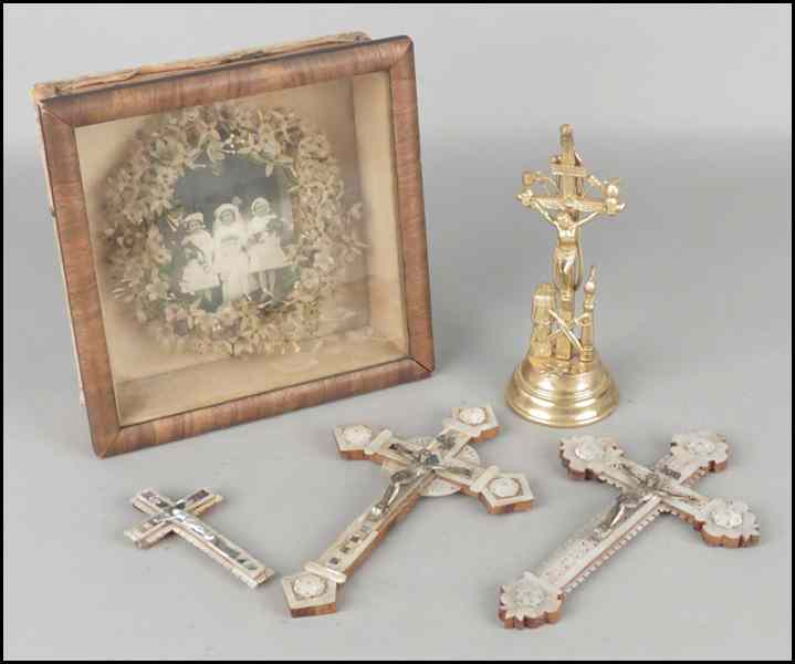 Appraisal: THREE MOTHER OF PEARL INLAID CRUCIFIXES Together with brass table