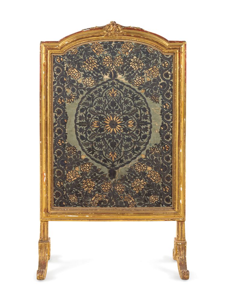 Appraisal: A Louis XVI Giltwood Fire Screen with a Silver-Thread Embroidered