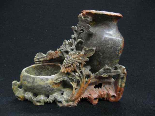 Appraisal: Chinese Carved Soapstone Vase double carved floral trim ''