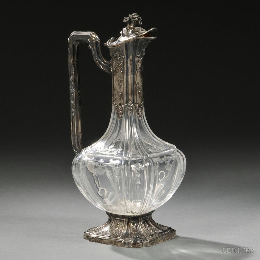 Appraisal: French Silver-mounted Cut and Etched Glass Wine Ewer late th