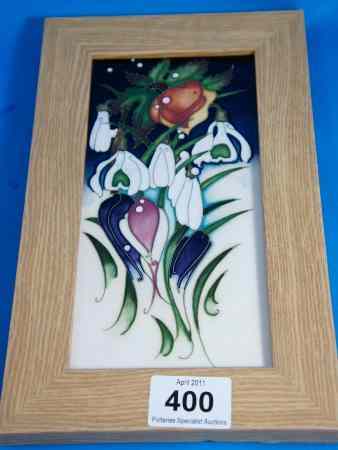 Appraisal: Moorcroft Framed Plaque in Snowdrop Design Signed Emma Bossons