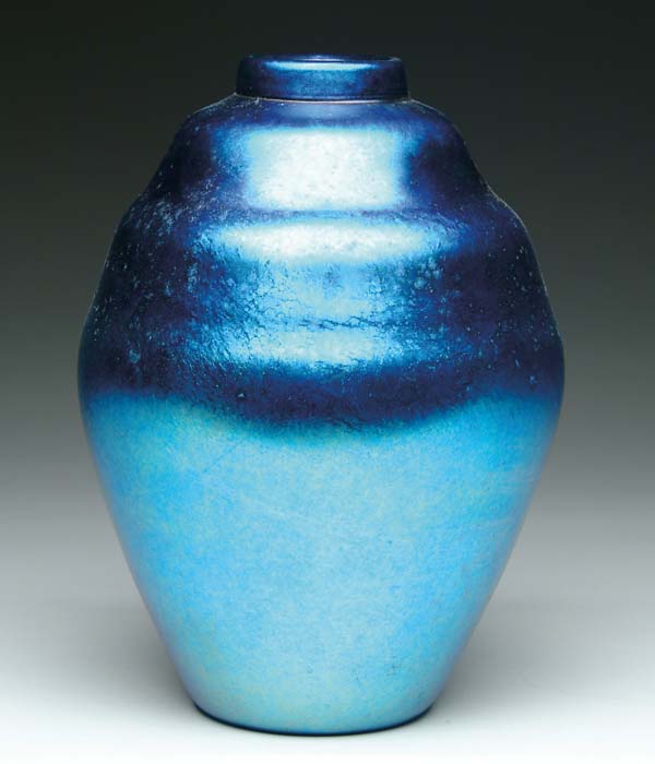 Appraisal: DURAND ART GLASS VASE Vivid iridescent blue beehive shaped vase