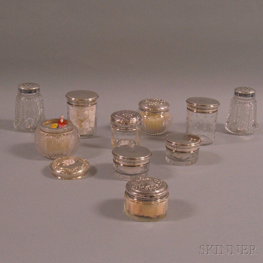 Appraisal: Ten Sterling Silver and Silver-plate-lidded Glass Dresser Jars including a