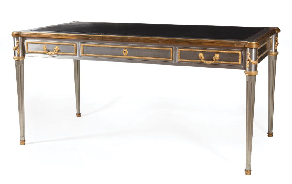 Appraisal: John Vesey Bronze-Mounted Stainless-Steel Bureau Plat c inset leather top