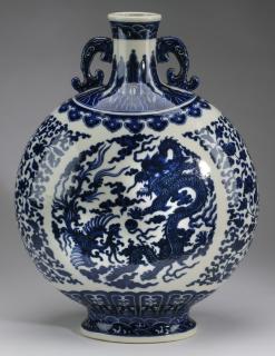 Appraisal: Chinese dragon and phoenix moon flask h Chinese blue and