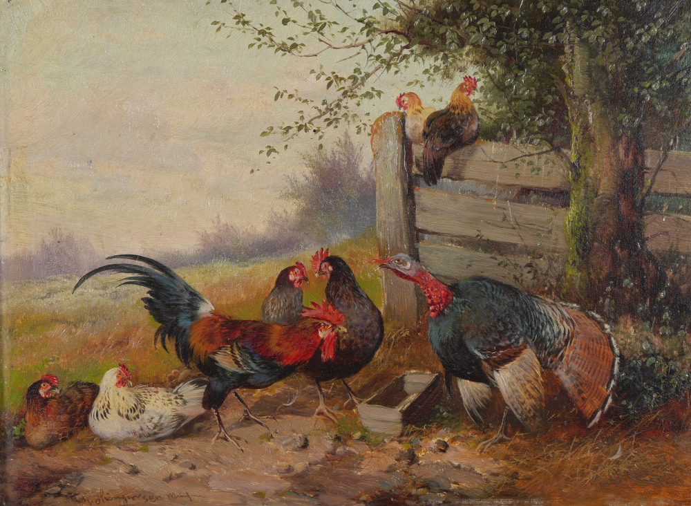 Appraisal: M HAENGER PAINTING OF POULTRY Chickens and Wild Turkey Oil