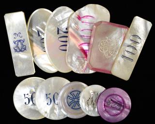 Appraisal: Miscellaneous Engraved Mother of Pearl Gambling Chips Circa Including one